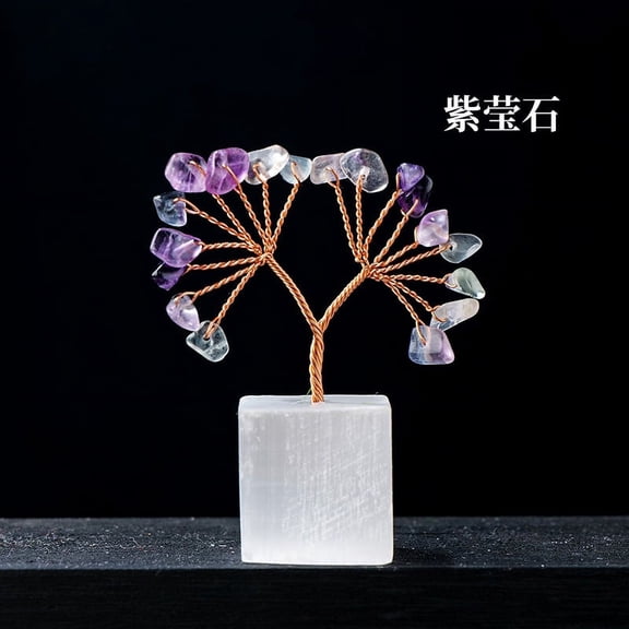 Namzi 2 pieces of natural stone block base, natural crystal crushed stone life tree ornament, colorful crushed stone leaves, wealth tree ornament decoration