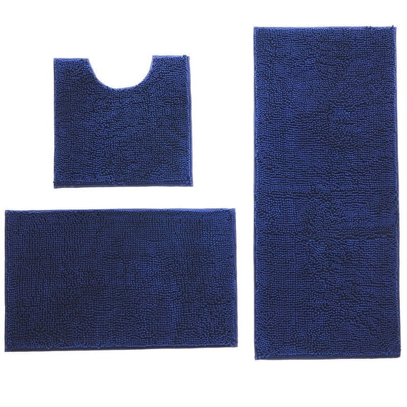 Namzi 2 sets Chenille floor bathroom three-piece suite, 3 Piece Soft and Comfortable Bath Mat Include Toilet Lid Cover, Non-Slip Absorbentb Rugs(Dark blue