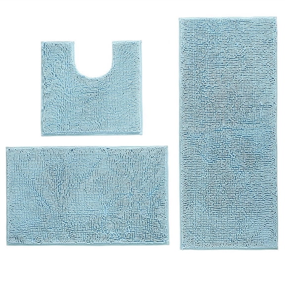 Namzi 2 sets Chenille floor bathroom three-piece suite, 3 Piece Soft and Comfortable Bath Mat Include Toilet Lid Cover, Non-Slip Absorbentb Rugs(Light blue