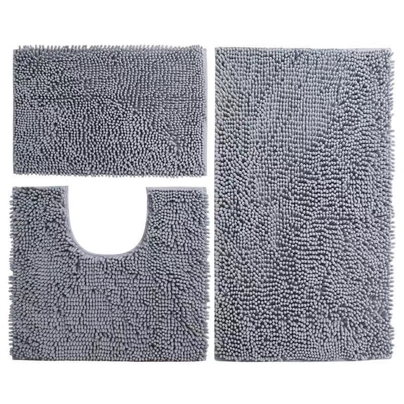 Namzi 2 sets Chenille floor bathroom three-piece suite, 3 Piece Soft and Comfortable Bath Mat Include Toilet Lid Cover, Non-Slip Absorbentb Rugs(Light gray
