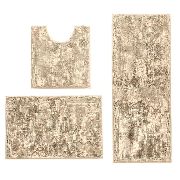 Namzi 2 sets Chenille floor bathroom three-piece suite, 3 Piece Soft and Comfortable Bath Mat Include Toilet Lid Cover, Non-Slip Absorbentb Rugs(camel