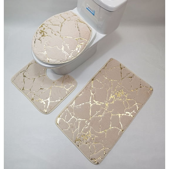 Namzi 2 sets Marble toilet three-piece set,, 3 Piece Soft and Comfortable Bath Mat Include Toilet Lid Cover, Non-Slip Absorbentb Rugs(cream-coloured