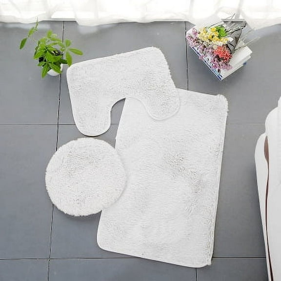 Namzi 2 sets Three-piece toilet with silk carpet,, 3 Piece Soft and Comfortable Bath Mat Include Toilet Lid Cover, Non-Slip Absorbentb Rugs(off-white