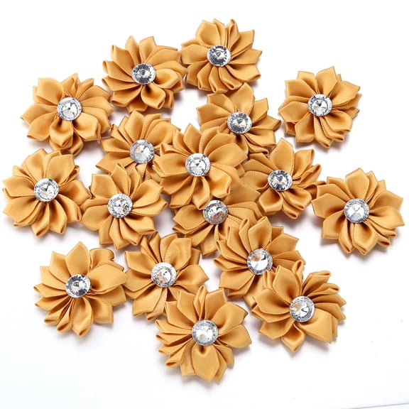 Namzi 20 PCS Gold Handmade Satin Ribbon Flowers with Rhinestone,1.57 Inch Flower Embellishments for DIY Craft Sewing Garment Hair Accessory Decoration