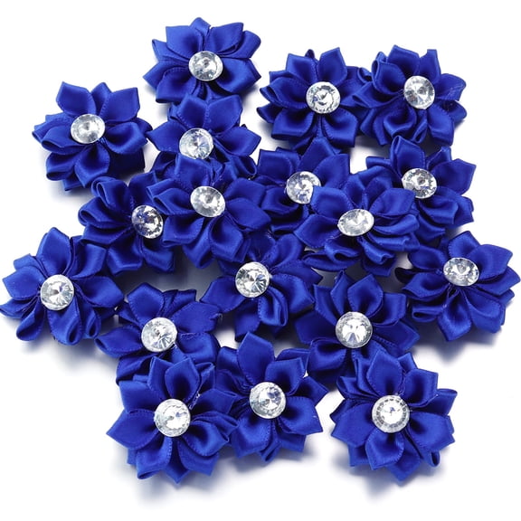 Namzi 20 PCS Royal Blue Handmade Satin Ribbon Flowers with Rhinestone,1.57 Inch Flower Embellishments for DIY Craft Sewing Garment Hair Accessory Decoration