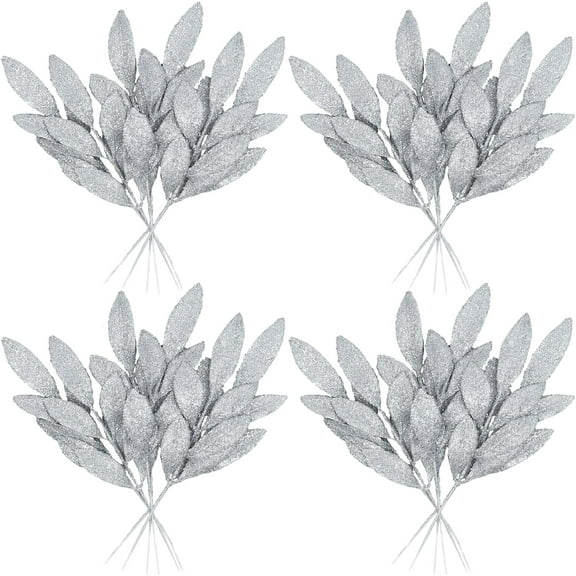 Namzi 24 Pcs Silver Christmas Decor, Fake Gold Leaf Magnolia Leaves Glitter Stems Tree