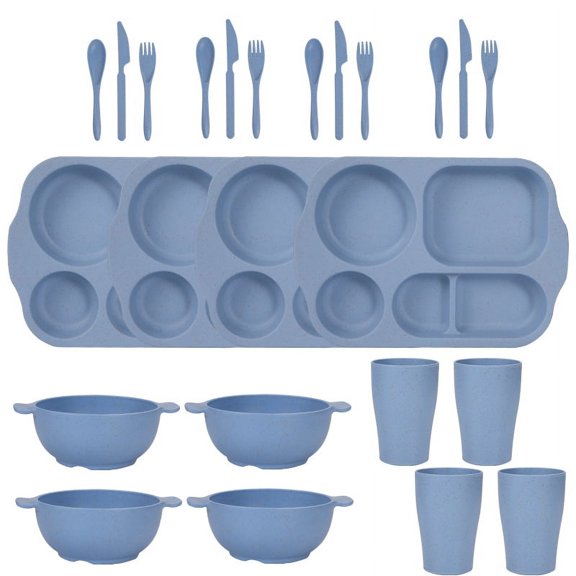 Namzi 24Pcs Wheat Straw Dinnerware Cutlery Sets, Divided Plates Unbreakable Bowl Microwave Dishwasher Safe Tableware Cutlery -Blue