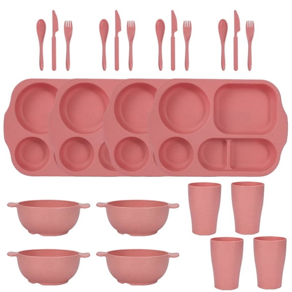 Namzi 24Pcs Wheat Straw Dinnerware Cutlery Sets, Divided Plates Unbreakable Bowl Microwave Dishwasher Safe Tableware Cutlery -Pink