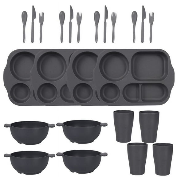 Namzi 24pcs Wheat Straw Dinnerware Set, Unbreakable Plastic Dish Set, Eco-Friendly Tableware for Home & Outdoor Use,Grey