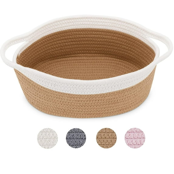 NAMZI 2pcs Small Woven Basket,Cute Rope Room Shelf Storage Basket, Cat Dog Toys Basket Chest Box, Empty Decorative Gift Basket with Handles -Brown