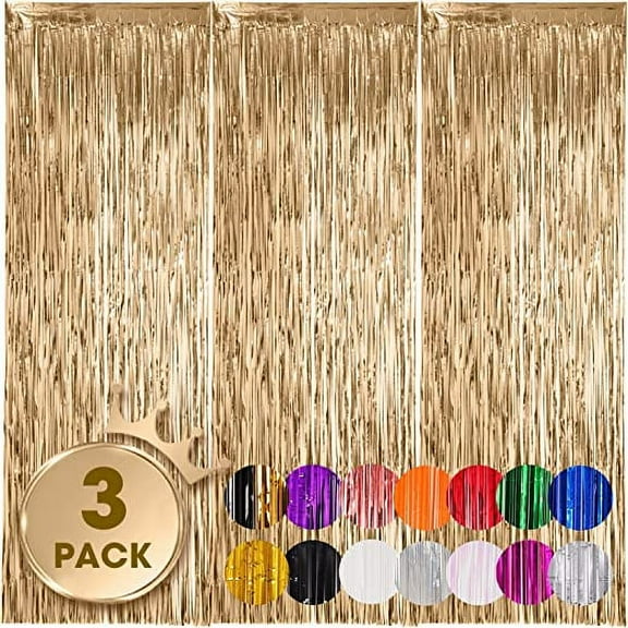 Namzi 3 Pack 3.3x8.2 Feet Champagne Foil Fringe Backdrop Curtains, Tinsel Streamers Birthday Party Decorations, Fringe Backdrop for Graduation, Baby Shower, Gender Reveal, Disco Party