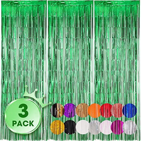 Namzi 3 Pack 3.3x8.2 Feet Green Foil Fringe Backdrop Curtains, Tinsel Streamers Birthday Party Decorations, Fringe Backdrop for Graduation, Baby Shower, Gender Reveal, Disco Party