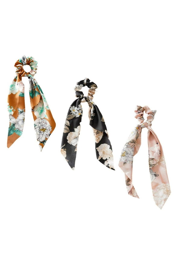 3 Packs Scarf Scrunchies, Polka Dot Daisy Flower Hair Scarf Scarves, Satin Silk Long Tails Scrunchy, Bowknot Hair Bands, Elastics Ponytail Holder, Donut Hair Ties for Women Girls (Style2)