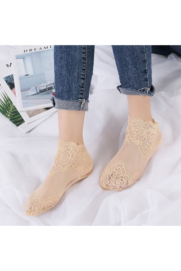 3 Pair Lace Socks, Crystal Tulle Summer Socks,05 Beige