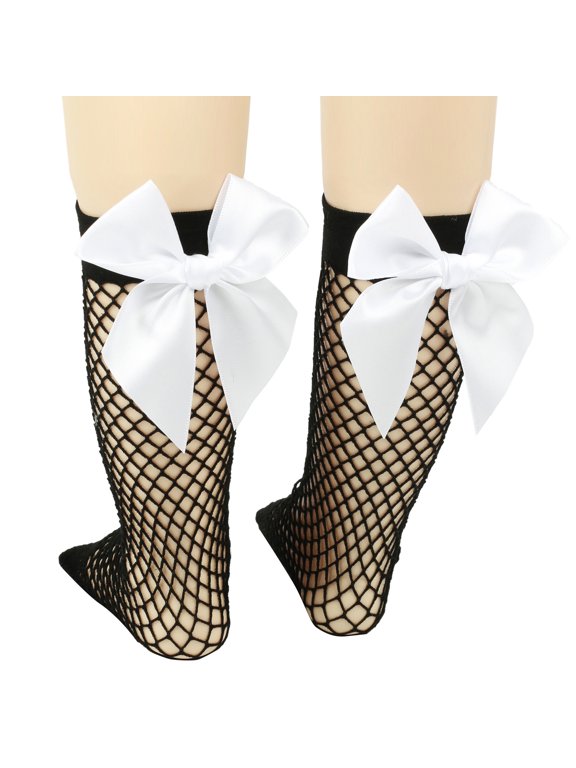 3 Pairs Fishnet Sheer Socks Bow Mesh Net Elastic Sock-Black+White