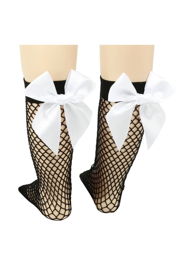 3 Pairs Fishnet Sheer Socks Bow Mesh Net Elastic Sock-Black+White