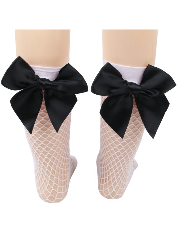 3 Pairs Fishnet Sheer Socks Bow Mesh Net Elastic Sock-White+Black