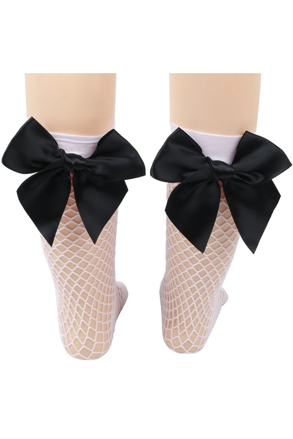 3 Pairs Fishnet Sheer Socks Bow Mesh Net Elastic Sock-White+Black