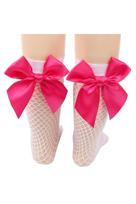 3 Pairs Fishnet Sheer Socks Bow Mesh Net Elastic Sock-White+Dark Pink