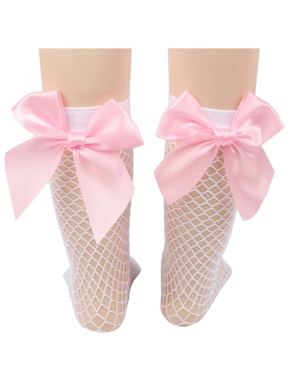 3 Pairs Fishnet Sheer Socks Bow Mesh Net Elastic Sock-White+Pink