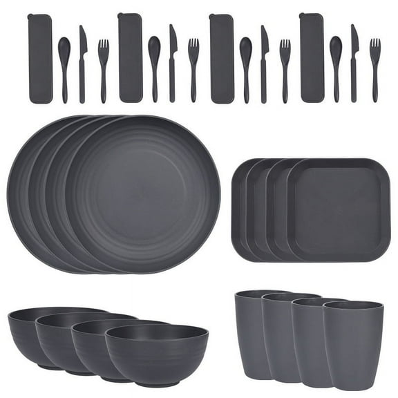 Namzi 32pcs Wheat Straw Dinnerware Sets for 4 - Lightweight Unbreakable - Microwave Dishwasher Safe - Perfect for Picnic, Dorm,Camping Plates Cups and Bowls Set -Dark Grey