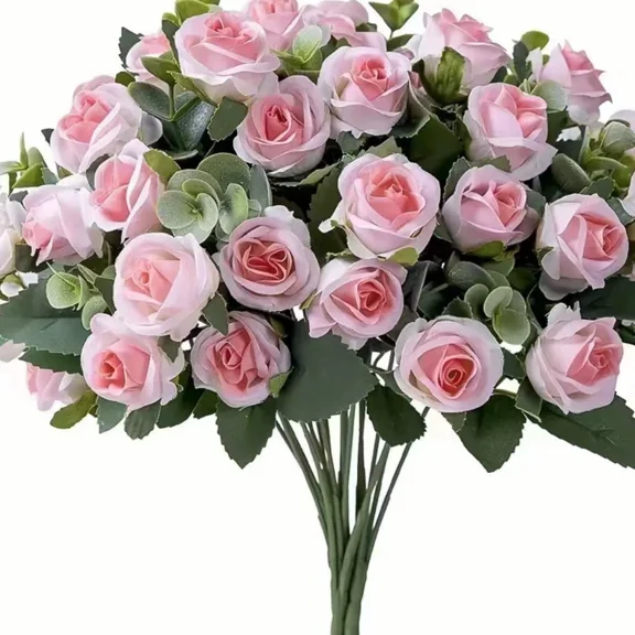 Namzi 3Pcs Artificial Mini Silk Rose Eucalyptus Flower Bouquet,Home Table Garden Decoration-Pink