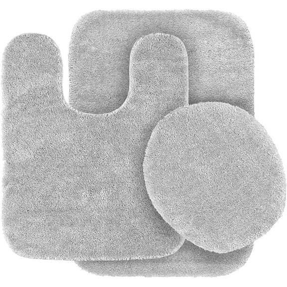 Namzi 3pc Solid Non-Slip Bath Mat Set Bathroom U-Shaped Contour Rug, Mat and Toilet Lid Cover New # 6 (Silver/Light Grey)