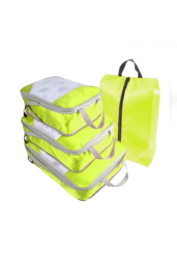 4 Piece Compression Packing Cube Set, Travel Storage Bag Portable Luggage Storage Box Set Expandable Packing Mesh Bag for Clothing Underwear Shoes (Green)