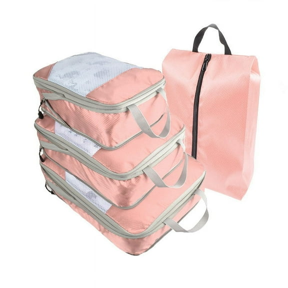 Namzi 4 Piece Compression Packing Cube Set, Travel Storage Bag Portable Luggage Storage Box Set Expandable Packing Mesh Bag for Clothing Underwear Shoes (Pink)
