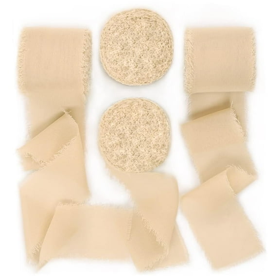 Namzi 4 Rolls 5 Yards Chiffon Silk Ribbon, Frayed Fringe Soft Rustic Fabric Ribbon, Boho Vintage Decor Strap for Wedding Bouquet Invitation Gift Wrapping DIY Craft Home Decor,Khaki