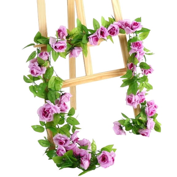 Namzi 4 pieces (26 feet) artificial rose vine false wreath silk rose hanging vine for wedding party background, arch garden background decoration (9 heads, purple)