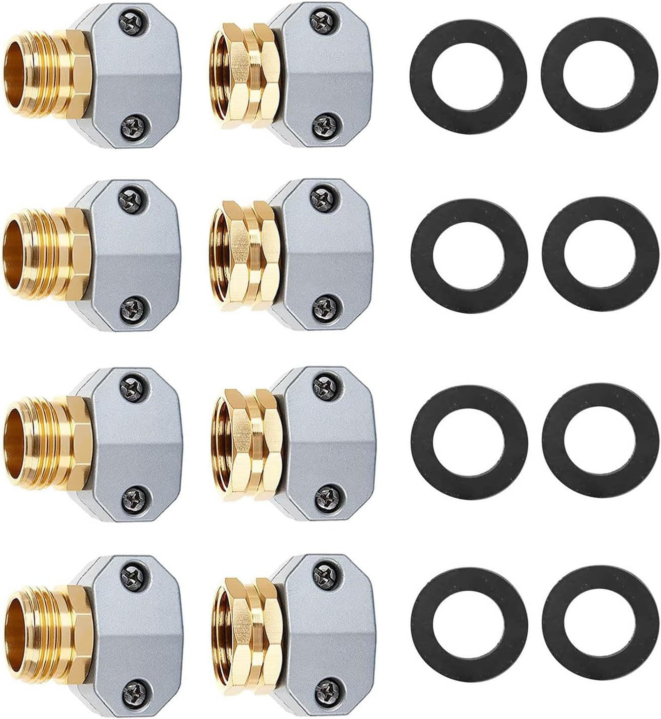 Namzi 4 sets of garden hose repair connector kit with zinc aluminum male and female hose ends