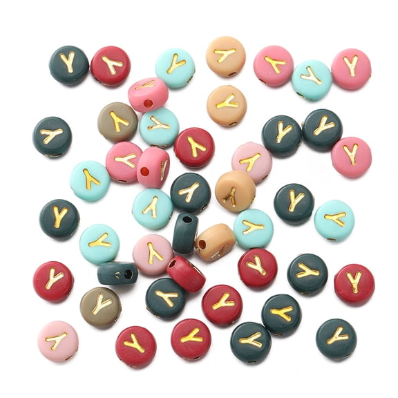 Namzi Acrylic Alphabet Beads, 200pcs Colorful Round Gold Letter Beads 7*4mm with 1.5mm Hole for Jewelry Making, Bracelets, Necklaces, Keychain & DIY Crafts, Y