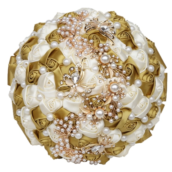 Namzi Artificial Flowers 1 Piece Bridal Bouquet Wedding Bouquet, Decorated with Ribbons, Rhinestones Artificial Pearls for Romantic Wedding Engagement Events,Bunch Gold Beige