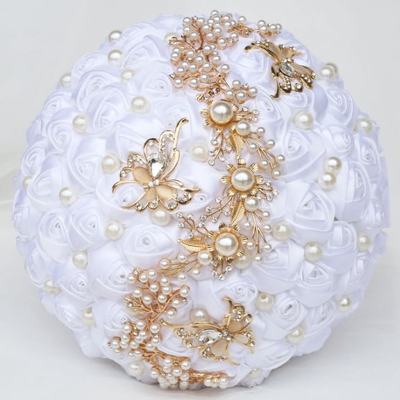 Namzi Artificial Flowers 1 Piece Bridal Bouquet Wedding Bouquet, Decorated with Ribbons, Rhinestones Artificial Pearls for Romantic Wedding Engagement Events,Bunch White