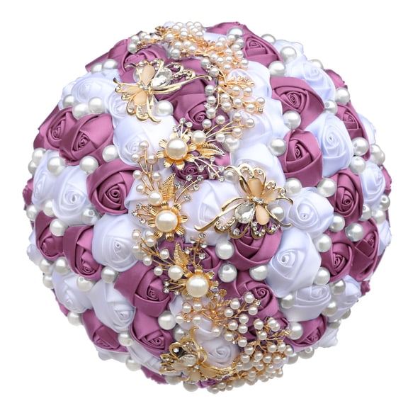 Namzi Artificial Flowers 1 Piece Bridal Bouquet Wedding Bouquet, Decorated with Ribbons, Rhinestones Artificial Pearls for Romantic Wedding Engagement Events,Bunch Light Purple Red