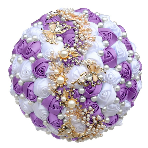 Namzi Artificial Flowers 1 Piece Bridal Bouquet Wedding Bouquet, Decorated with Ribbons, Rhinestones Artificial Pearls for Romantic Wedding Engagement Events,Bunch Purple
