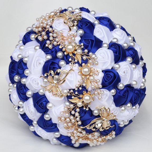 Namzi Artificial Flowers 1 Piece Bridal Bouquet Wedding Bouquet, Decorated with Ribbons, Rhinestones Artificial Pearls for Romantic Wedding Engagement Events,Bunch Dark Blue