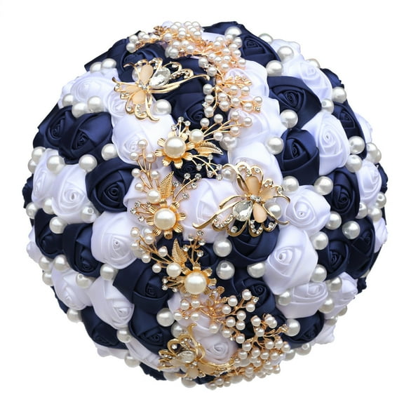 Namzi Artificial Flowers 1 Piece Bridal Bouquet Wedding Bouquet, Decorated with Ribbons, Rhinestones Artificial Pearls for Romantic Wedding Engagement Events,Bunch Dark Blue-A