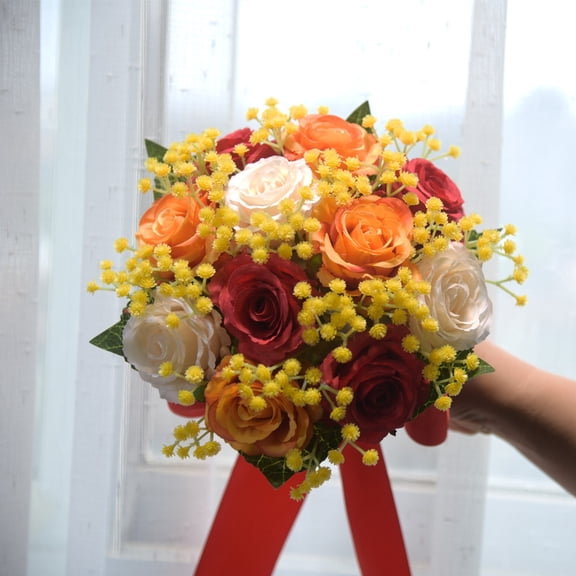 Namzi Artificial Flowers 1 Piece Wedding Bouquet, Premium Silk Floral Arrangement, Realistic Design for Wedding Ceremonies Special CelebrationsOrange Red
