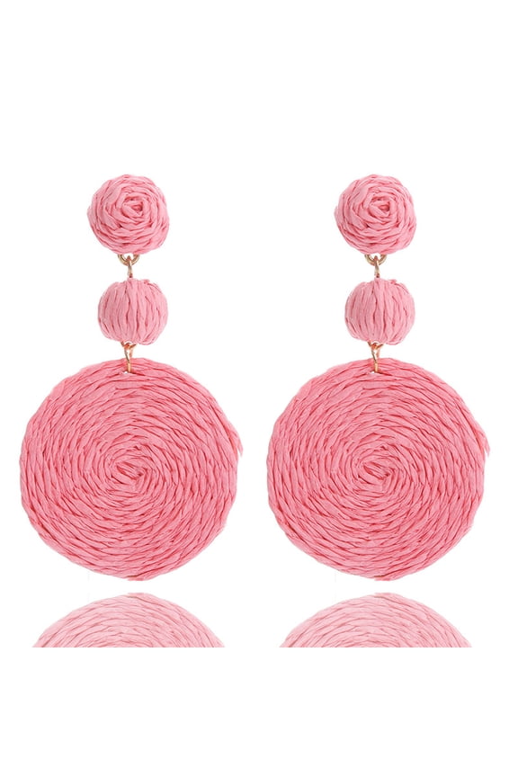 Ball Earrings for Women, Handmade Statement Drop Earrings Straw Dangle Earrings-Pink