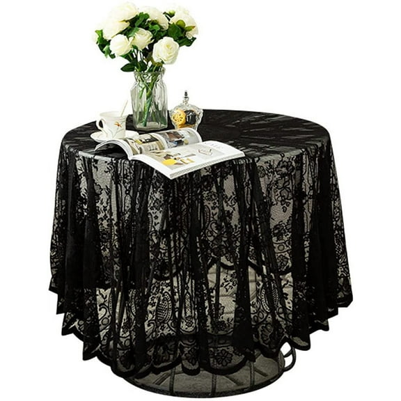 Namzi Black Lace Tablecloth Embroidered Elegant Floral Patterns Table Cloth Round Overlay Table Cover for Wedding Party Holiday Long Dinner Home Decor(Round-60, Black)