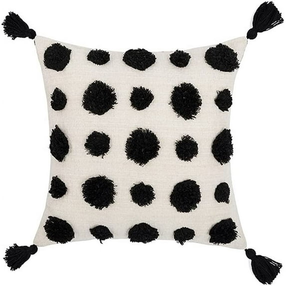 Namzi Boho Tufted Decorative Square Throw Pillow Cover with Tassels Geometric Dots Cushion Cover for Couch Sofa Bed (Black Dots,18"x18")