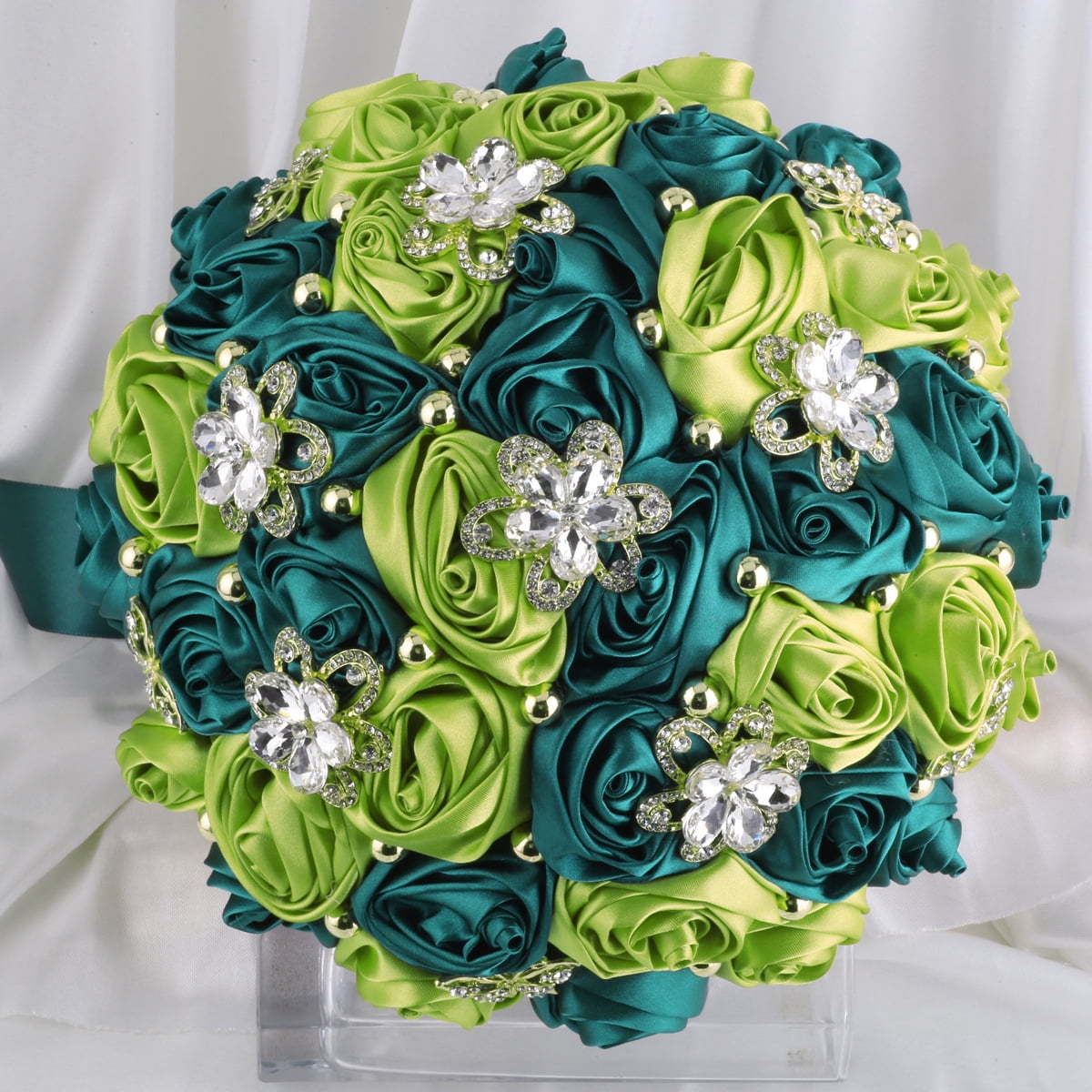 Namzi Bridal Holding Wedding Bouquet Bridesmaid Satin Rose Artificial Pearls Satin Ribbons Wedding Floral Bouquet,Green Light Green