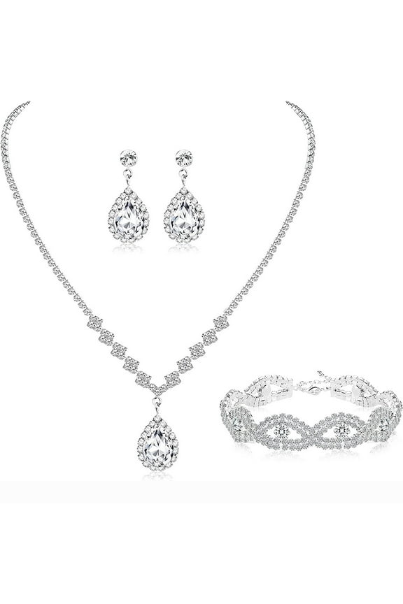 Bridal Wedding Jewelry Set Crystal Necklace Bracelet Earrings Set for Bride Bridesmaid Rhinestone Necklace Prom Costume Jewelry Set Accessories for Women,B09