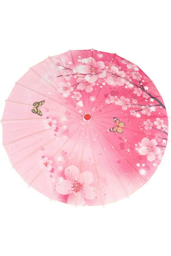 Chinese Flowers Parasol Umbrella,22 inch Asian Japanese Silk Cloth Rainproof Stick Umbrella Cherry Blossom Sakura Floral Bamboo Umbrella for Weddings Party Decoration Sun Protection (Pink)