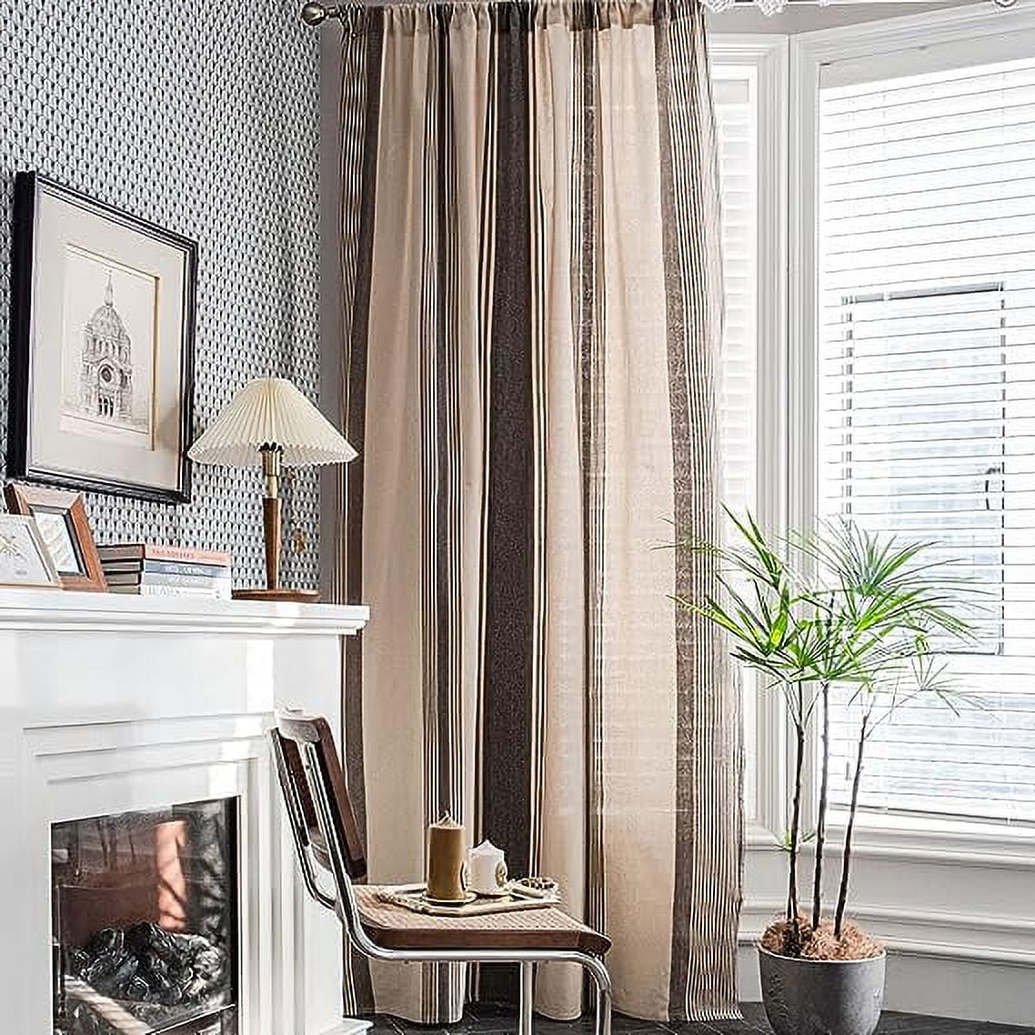Namzi Cotton Linen Striped Window Curtain Farmhouse Country Style Room Darkening Rod Pocket Curtain Panel for Bedroom Living Room, 1 Piece (Coffee,59"x102")