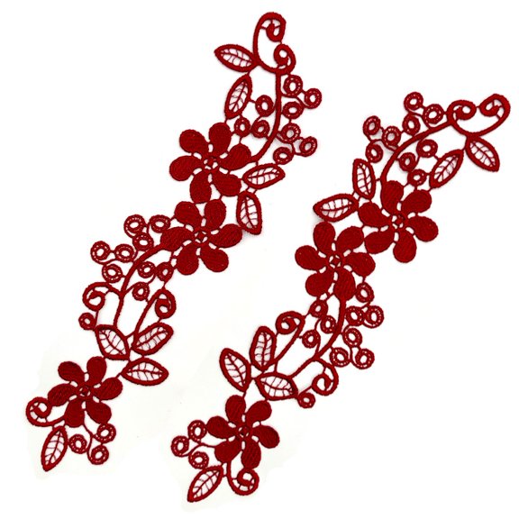 Namzi Dark Red Polyester Floral Lace Applique, 1 Pair 12.2*3.54 inch Embroidered Sewing Patches