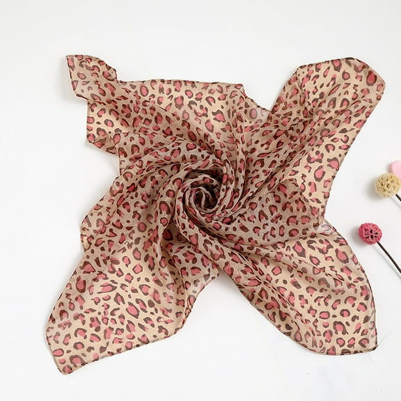 Namzi Elegant Personalized Scarf, Chiffon Square Scarf Simulation Silk Scarf, Decorative Leopard Pattern Scarf (Pink)