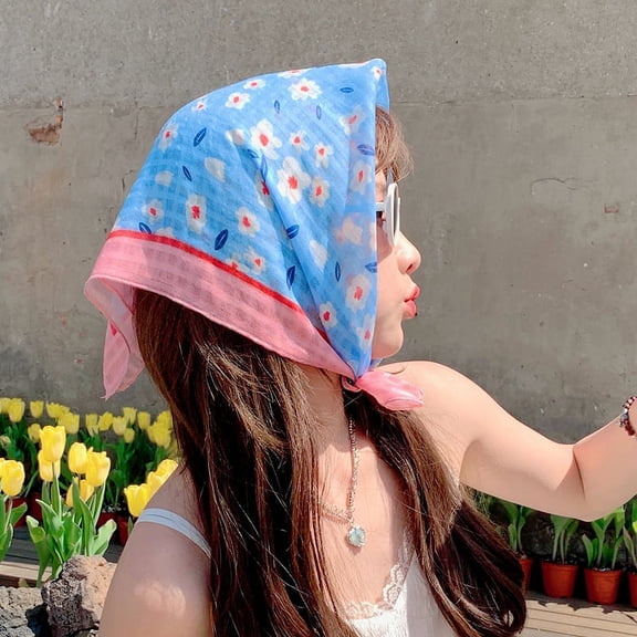 Namzi Elegant Personalized Scarf, Countryside Art Cotton and Hemp Small Square Scarf, Spring and Autumn Matching Shirt, Summer Sunshade and Sunscreen Headband Scarf (Pink Blue)